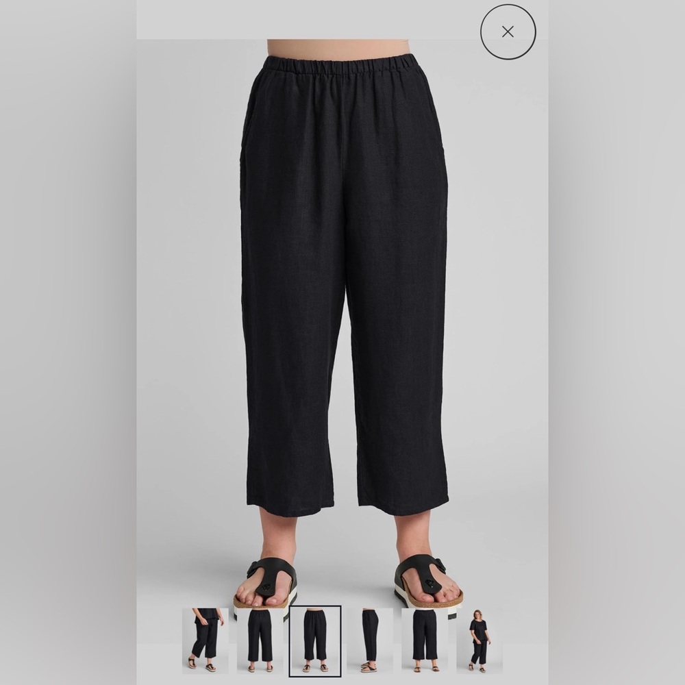Flax Floods Black 100% Linen Relaxed Elastic-Waist Cropped Pants